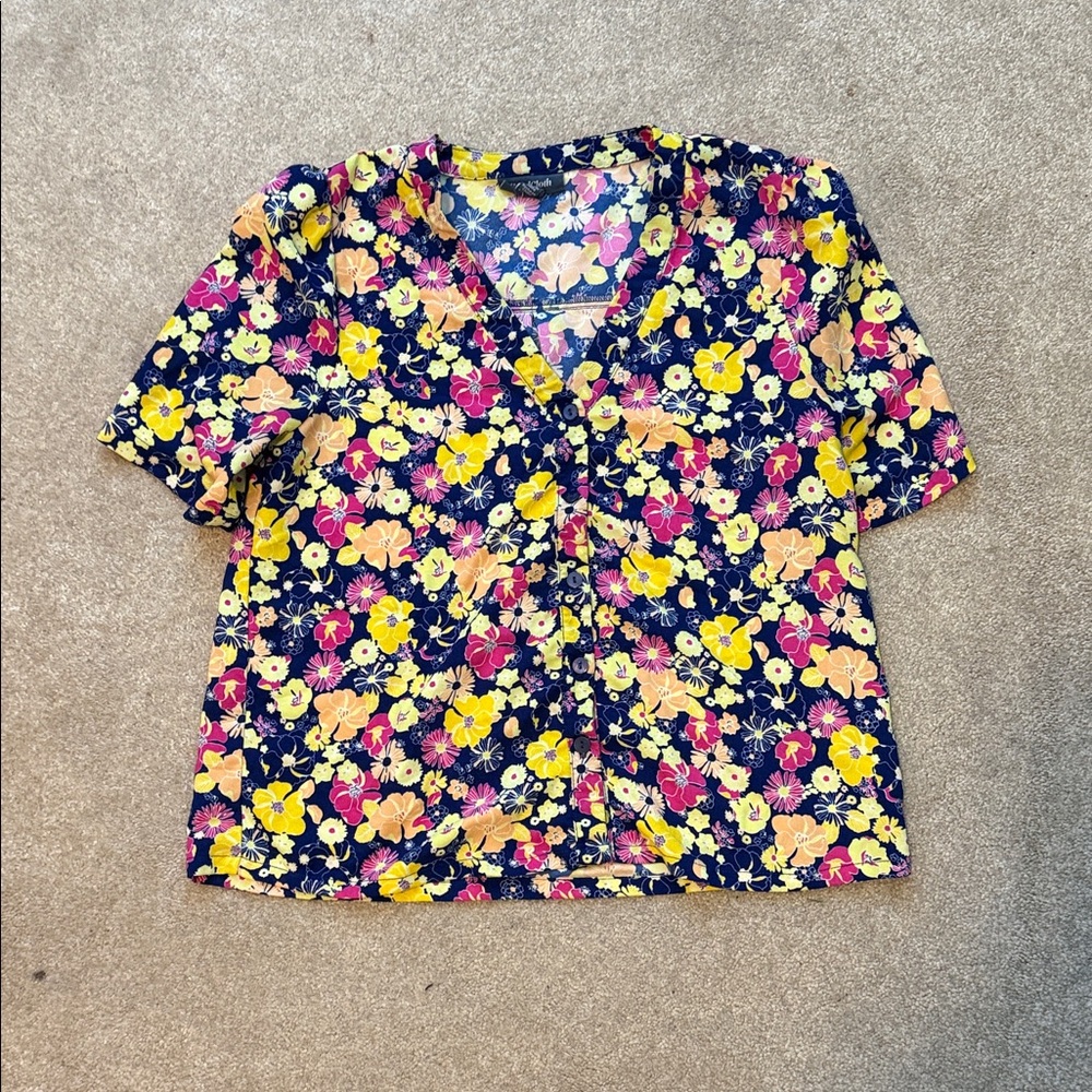 Modcloth Navy Floral Blouse - Pink and Yellow Accents size small